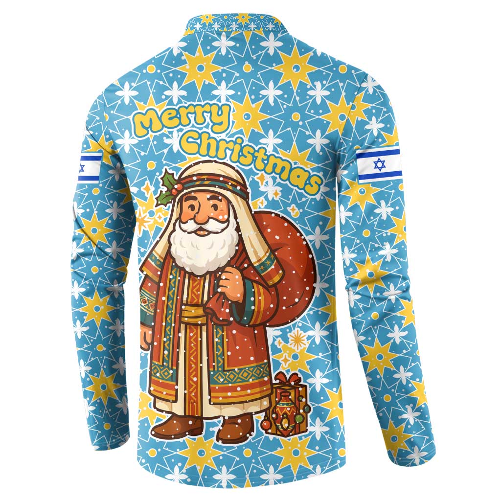 Israel Christmas Button Sweatshirt with Blue-Yellow Star Pattern, Menorah, and Santa Motif - Wonder Print Shop