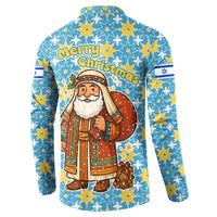 Israel Christmas Button Sweatshirt with Blue-Yellow Star Pattern, Menorah, and Santa Motif - Wonder Print Shop