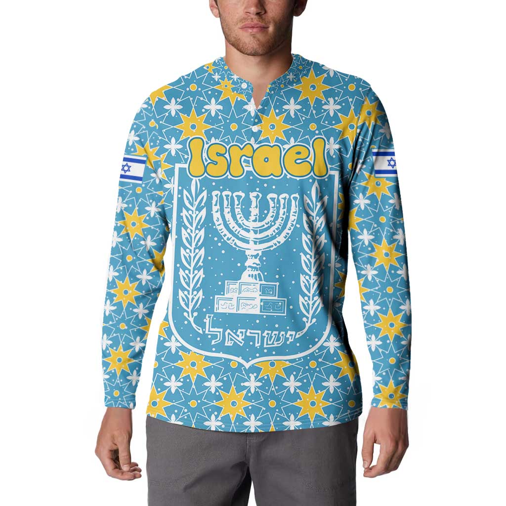 Israel Christmas Button Sweatshirt with Blue-Yellow Star Pattern, Menorah, and Santa Motif - Wonder Print Shop