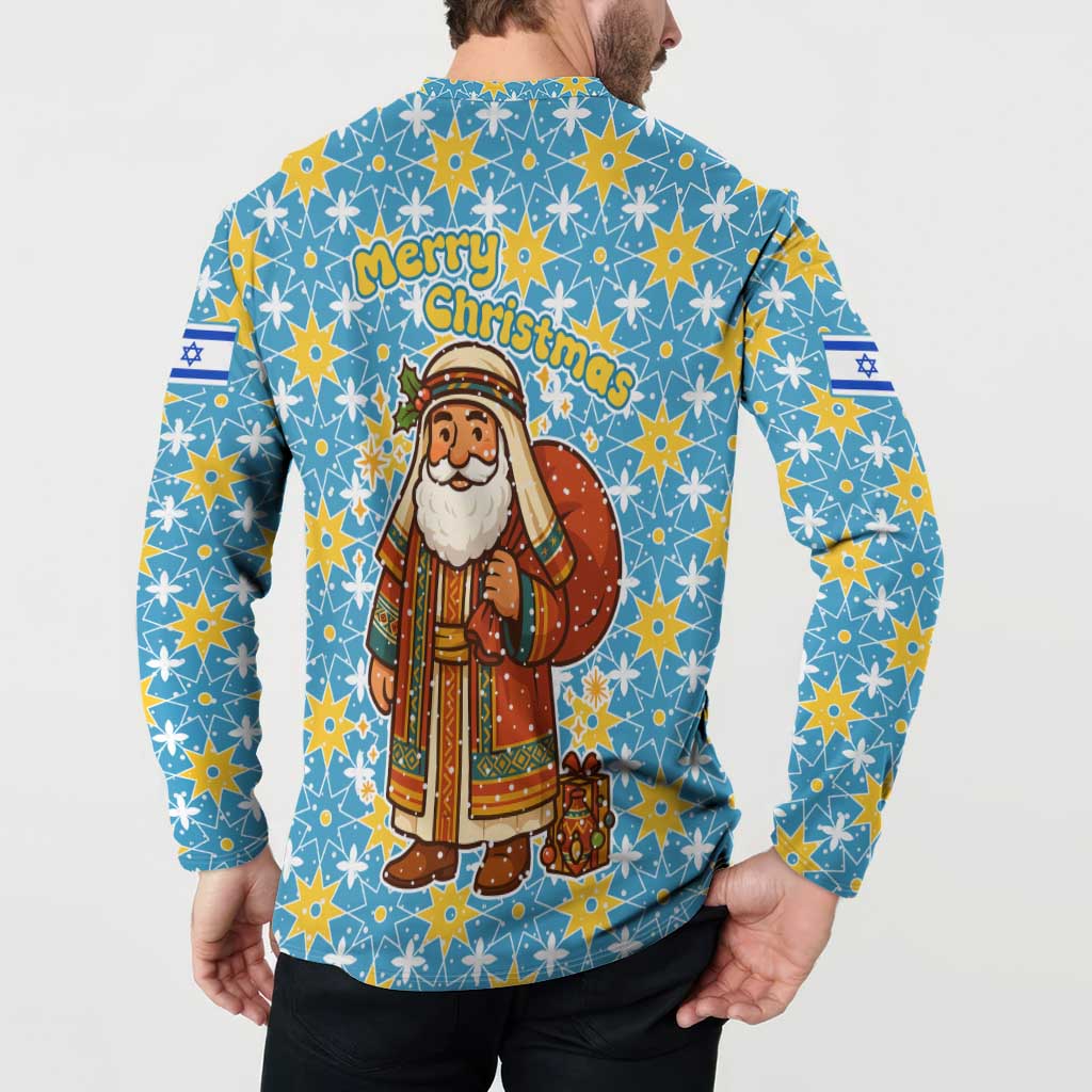 Israel Christmas Button Sweatshirt with Blue-Yellow Star Pattern, Menorah, and Santa Motif - Wonder Print Shop