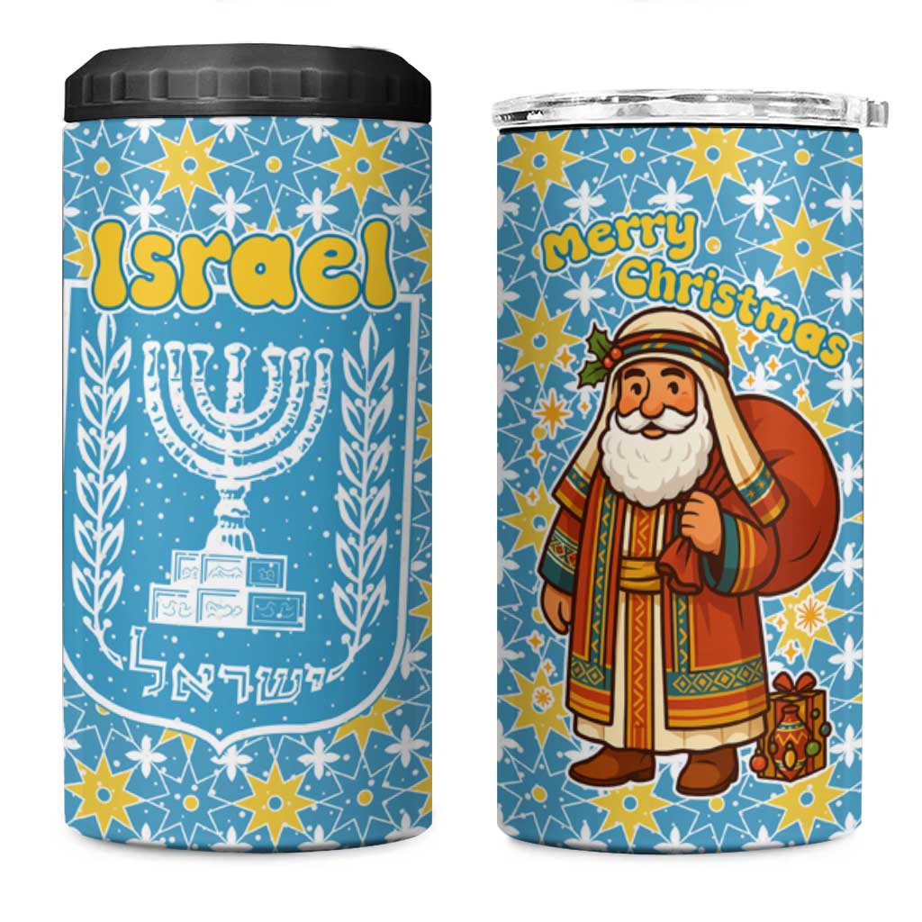 Israel Christmas 4 in 1 Can Cooler Tumbler with Blue-Yellow Star Pattern, Menorah, and Santa Motif - Wonder Print Shop