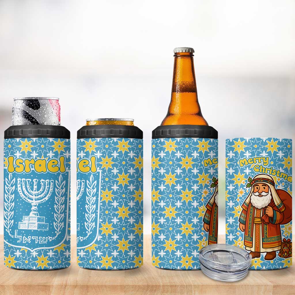 Israel Christmas 4 in 1 Can Cooler Tumbler with Blue-Yellow Star Pattern, Menorah, and Santa Motif - Wonder Print Shop