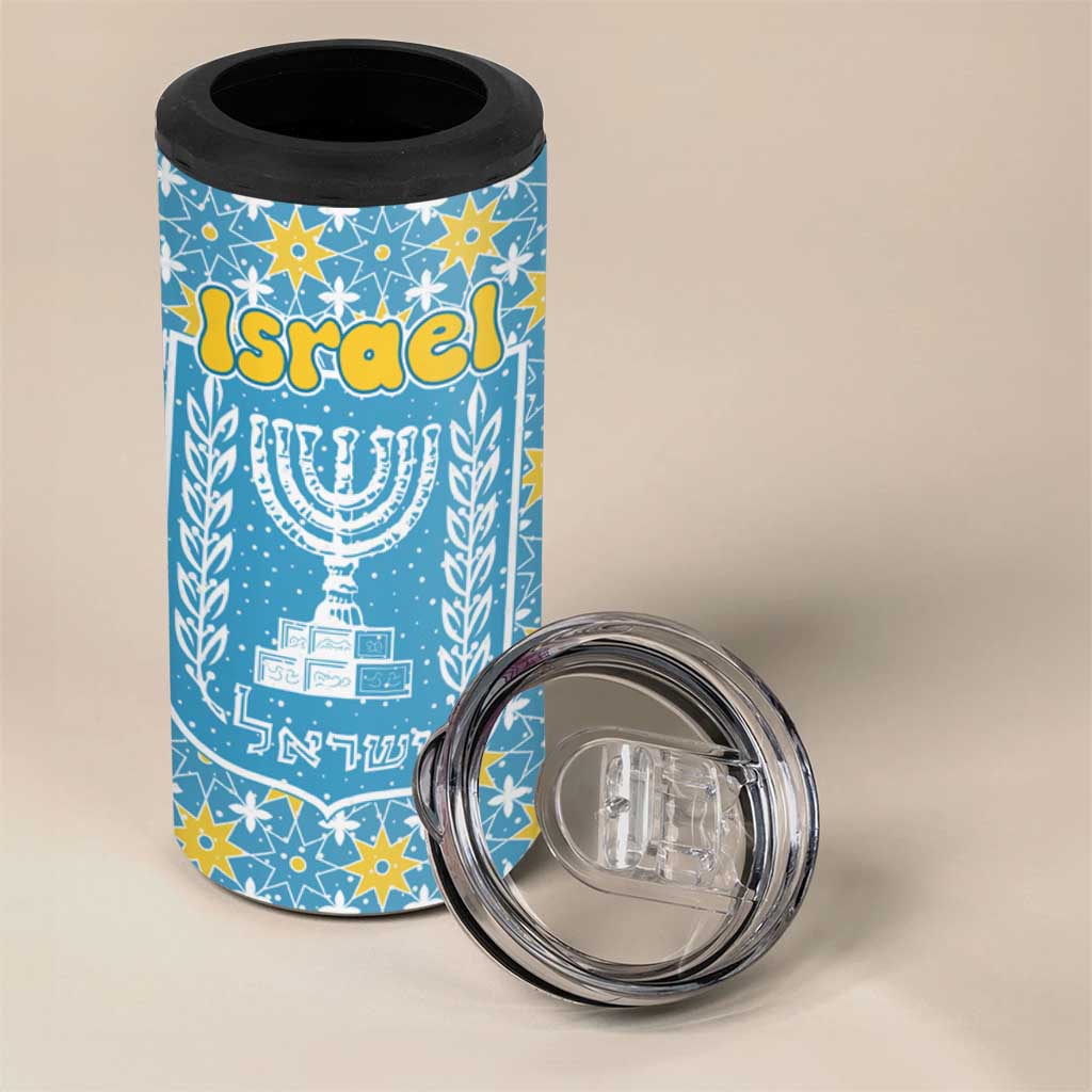 Israel Christmas 4 in 1 Can Cooler Tumbler with Blue-Yellow Star Pattern, Menorah, and Santa Motif - Wonder Print Shop