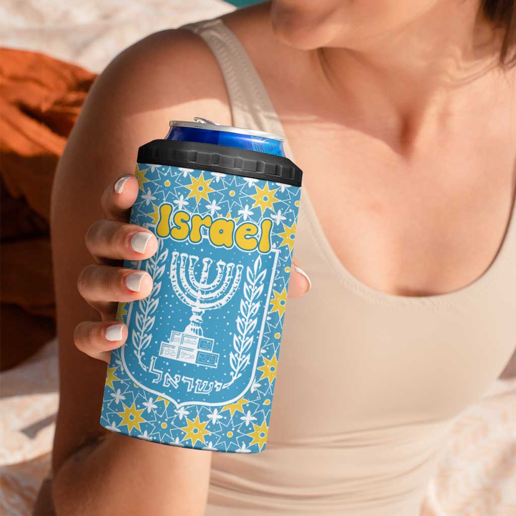 Israel Christmas 4 in 1 Can Cooler Tumbler with Blue-Yellow Star Pattern, Menorah, and Santa Motif - Wonder Print Shop