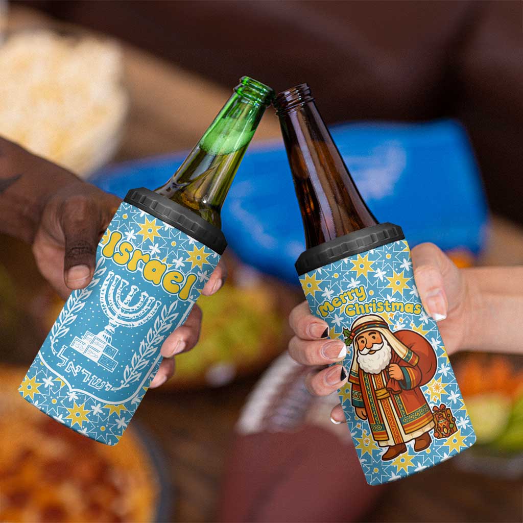 Israel Christmas 4 in 1 Can Cooler Tumbler with Blue-Yellow Star Pattern, Menorah, and Santa Motif - Wonder Print Shop