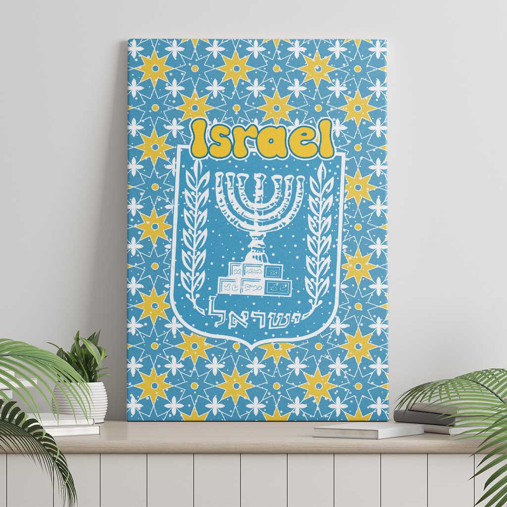 Israel Christmas Canvas Wall Art with Blue-Yellow Star Pattern, Menorah, and Santa Motif - Wonder Print Shop