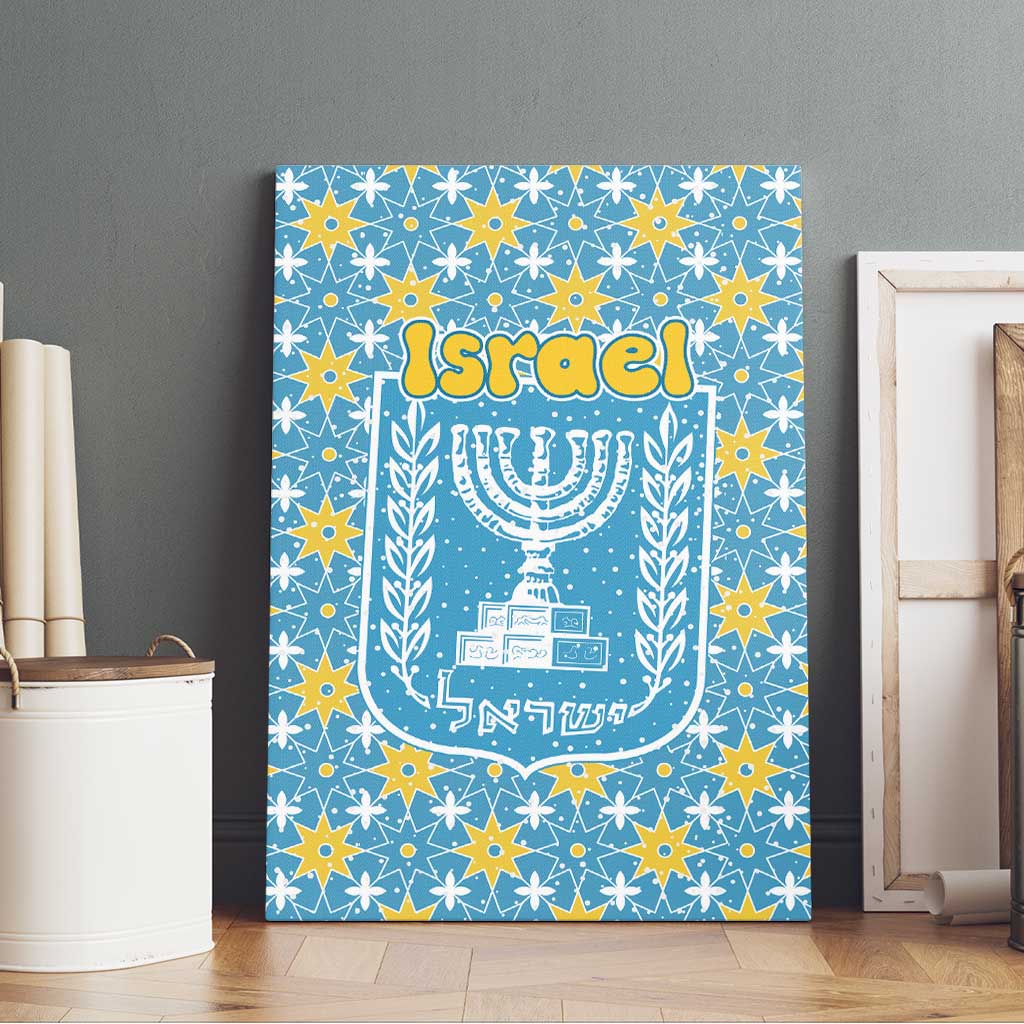 Israel Christmas Canvas Wall Art with Blue-Yellow Star Pattern, Menorah, and Santa Motif - Wonder Print Shop