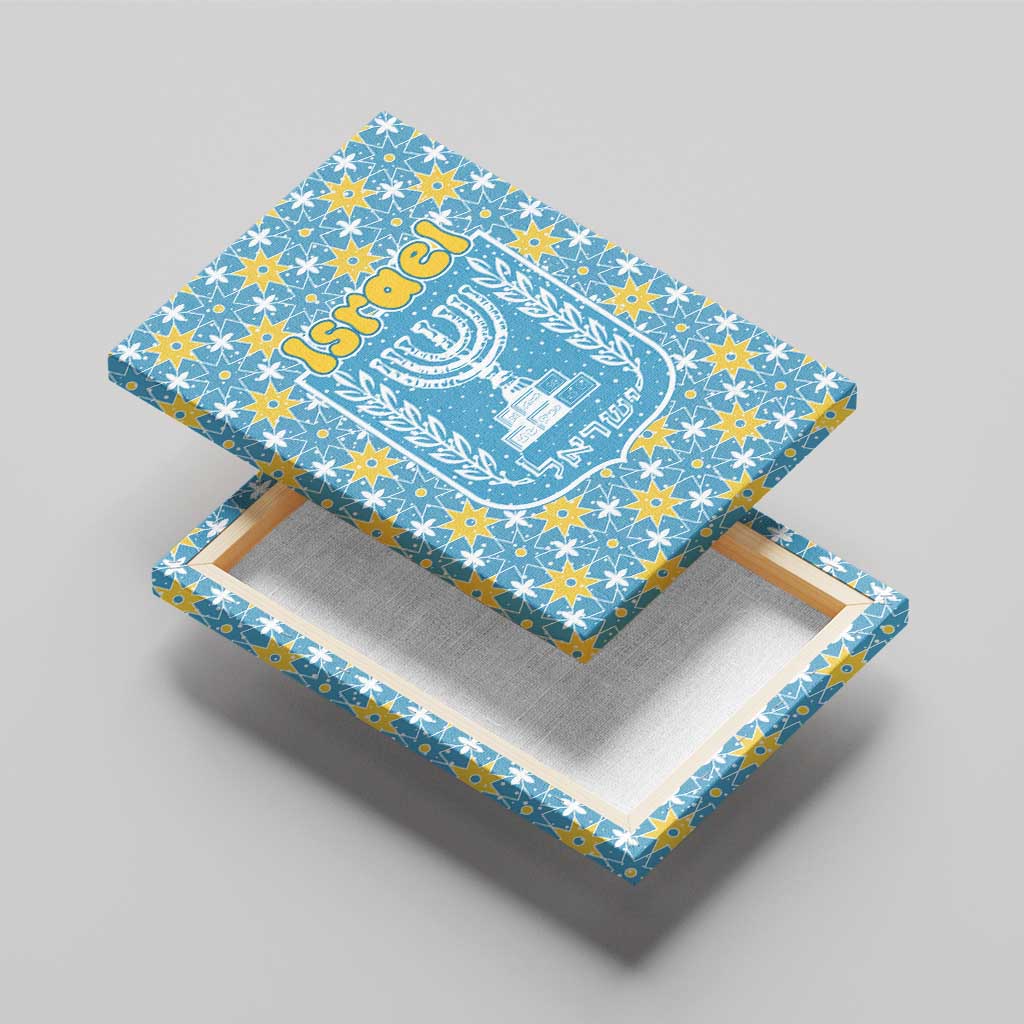 Israel Christmas Canvas Wall Art with Blue-Yellow Star Pattern, Menorah, and Santa Motif - Wonder Print Shop