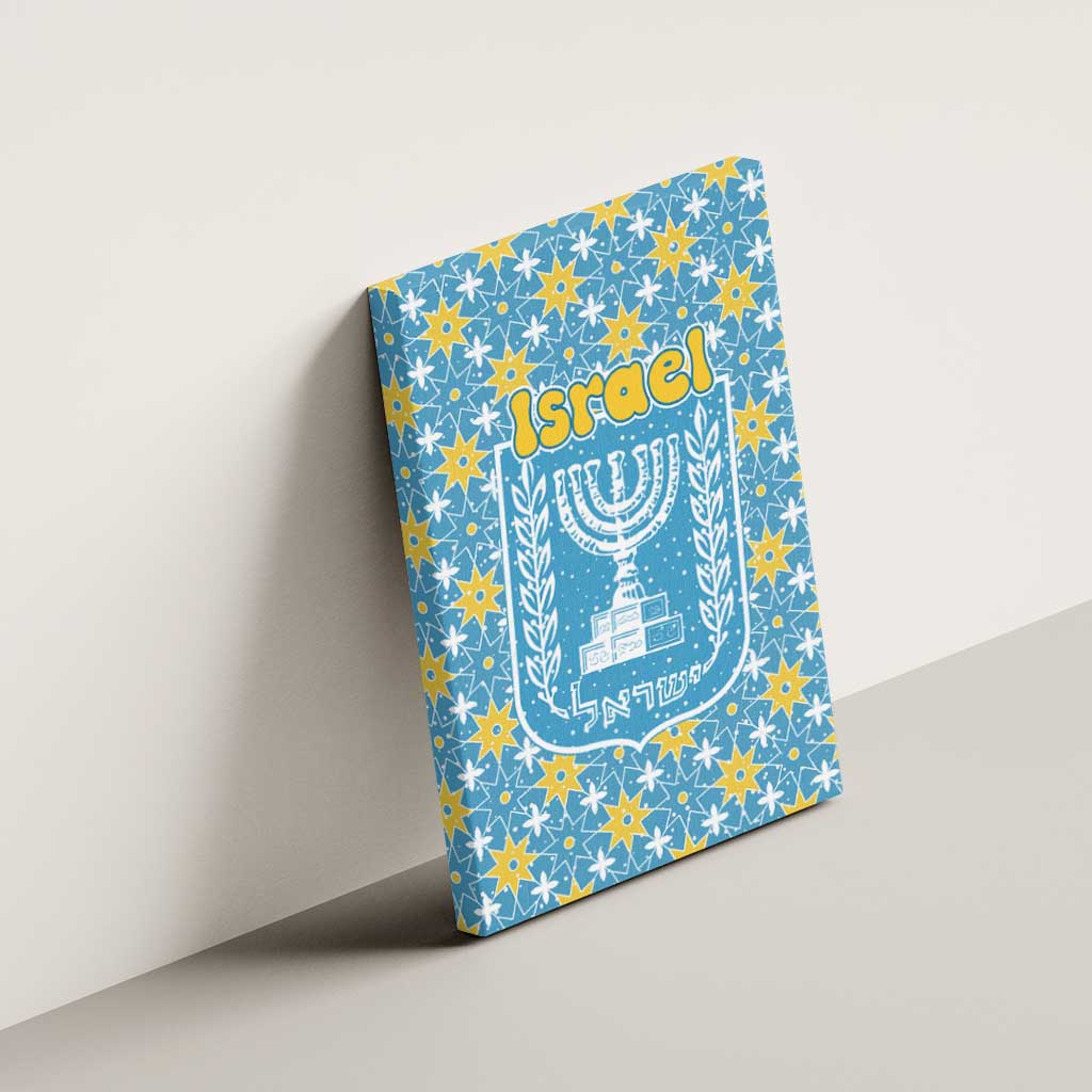 Israel Christmas Canvas Wall Art with Blue-Yellow Star Pattern, Menorah, and Santa Motif - Wonder Print Shop