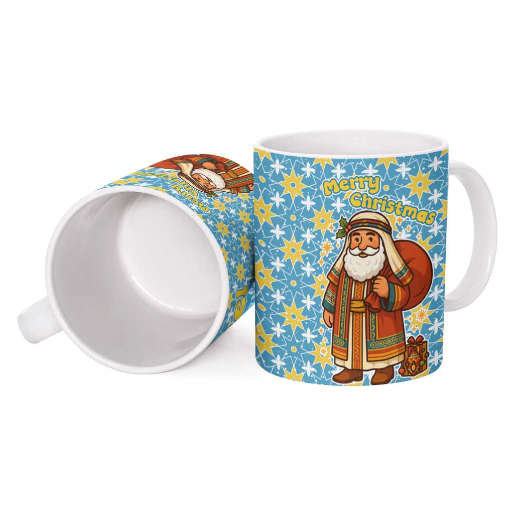 Israel Christmas Ceramic Mug with Blue-Yellow Star Pattern, Menorah, and Santa Motif - Wonder Print Shop