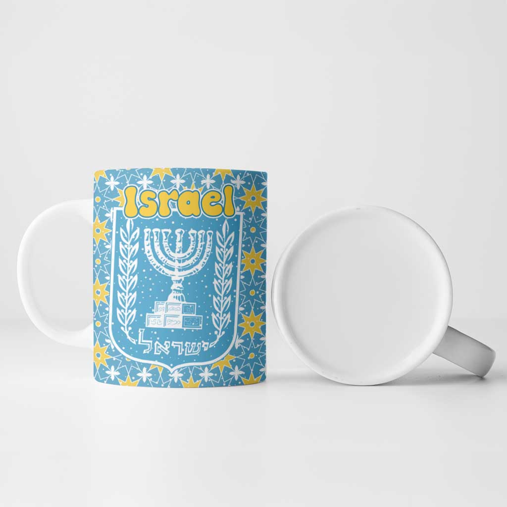 Israel Christmas Ceramic Mug with Blue-Yellow Star Pattern, Menorah, and Santa Motif - Wonder Print Shop