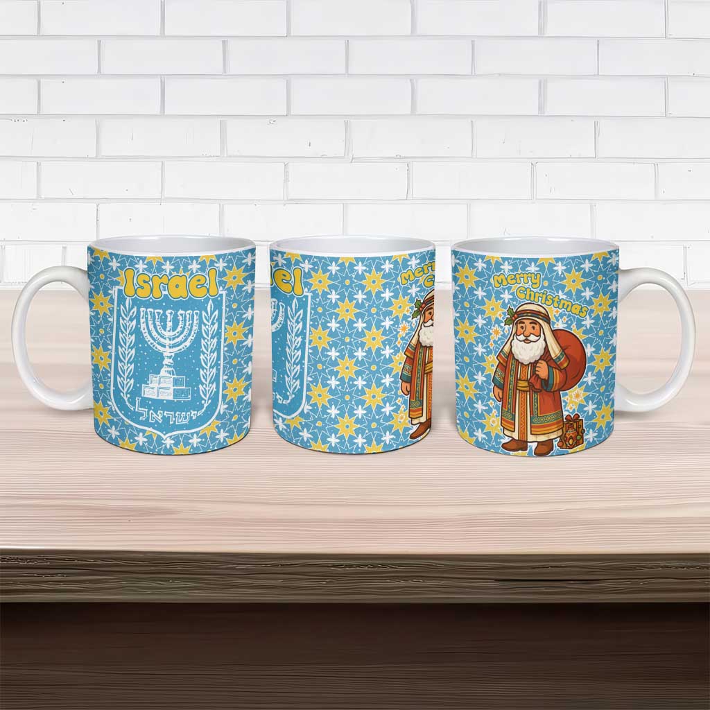 Israel Christmas Ceramic Mug with Blue-Yellow Star Pattern, Menorah, and Santa Motif - Wonder Print Shop