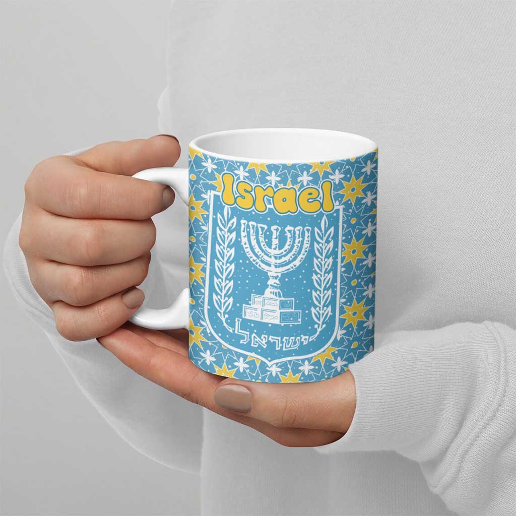 Israel Christmas Ceramic Mug with Blue-Yellow Star Pattern, Menorah, and Santa Motif - Wonder Print Shop