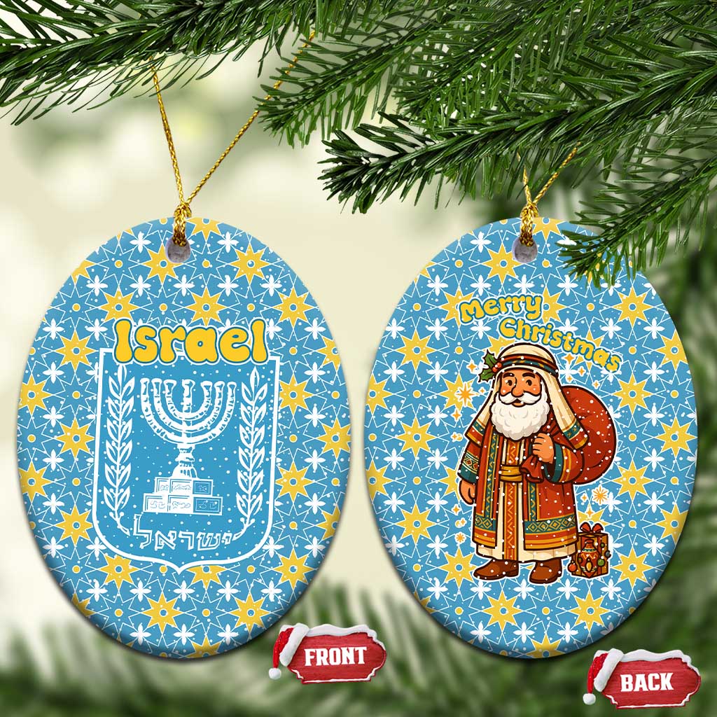 Israel Christmas Ceramic Ornament with Blue-Yellow Star Pattern, Menorah, and Santa Motif - Wonder Print Shop