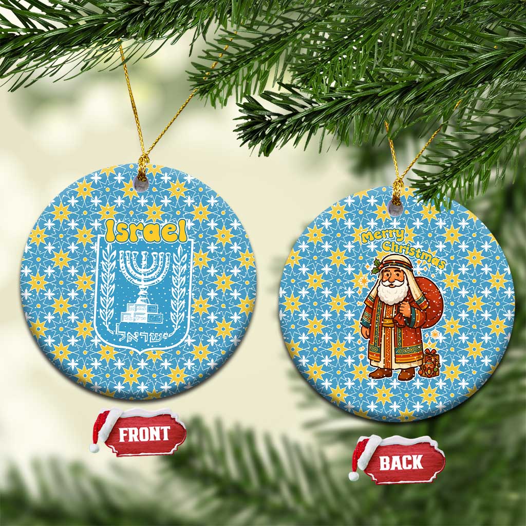 Israel Christmas Ceramic Ornament with Blue-Yellow Star Pattern, Menorah, and Santa Motif - Wonder Print Shop