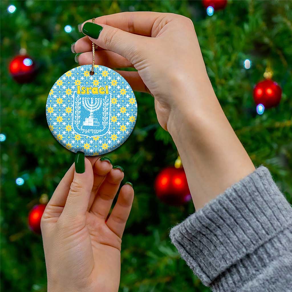 Israel Christmas Ceramic Ornament with Blue-Yellow Star Pattern, Menorah, and Santa Motif - Wonder Print Shop