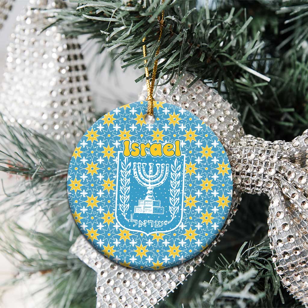 Israel Christmas Ceramic Ornament with Blue-Yellow Star Pattern, Menorah, and Santa Motif - Wonder Print Shop