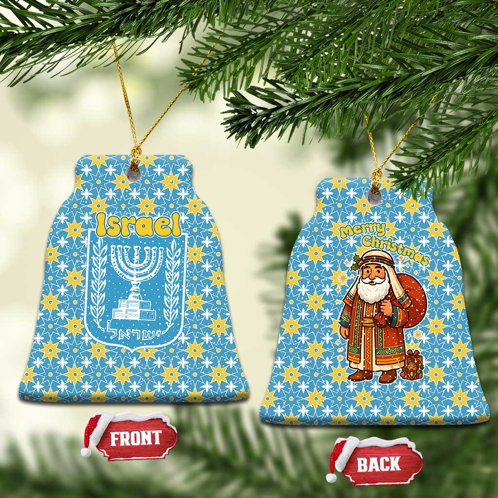Israel Christmas Ceramic Ornament with Blue-Yellow Star Pattern, Menorah, and Santa Motif - Wonder Print Shop