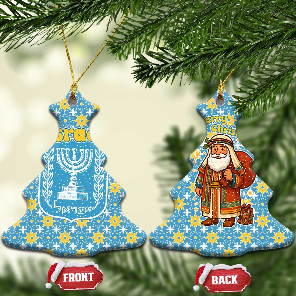 Israel Christmas Ceramic Ornament with Blue-Yellow Star Pattern, Menorah, and Santa Motif - Wonder Print Shop