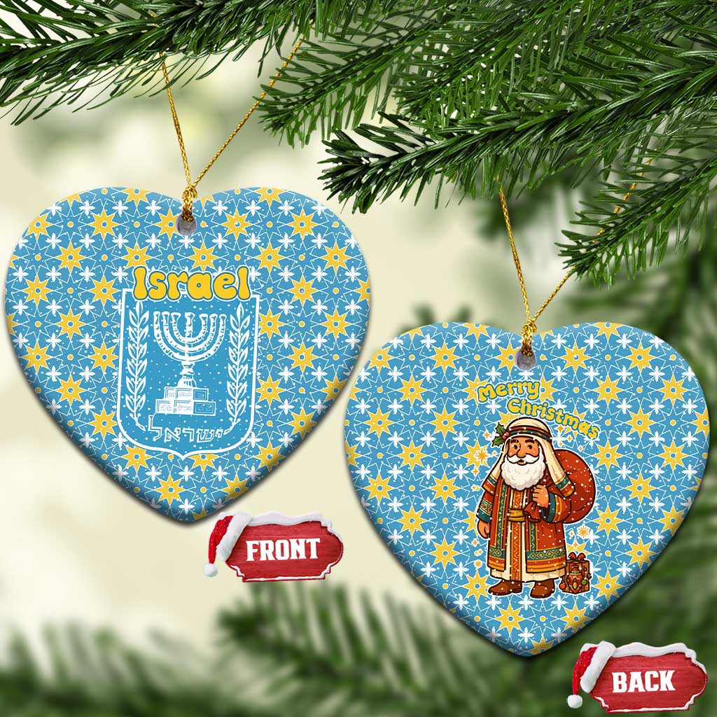 Israel Christmas Ceramic Ornament with Blue-Yellow Star Pattern, Menorah, and Santa Motif - Wonder Print Shop