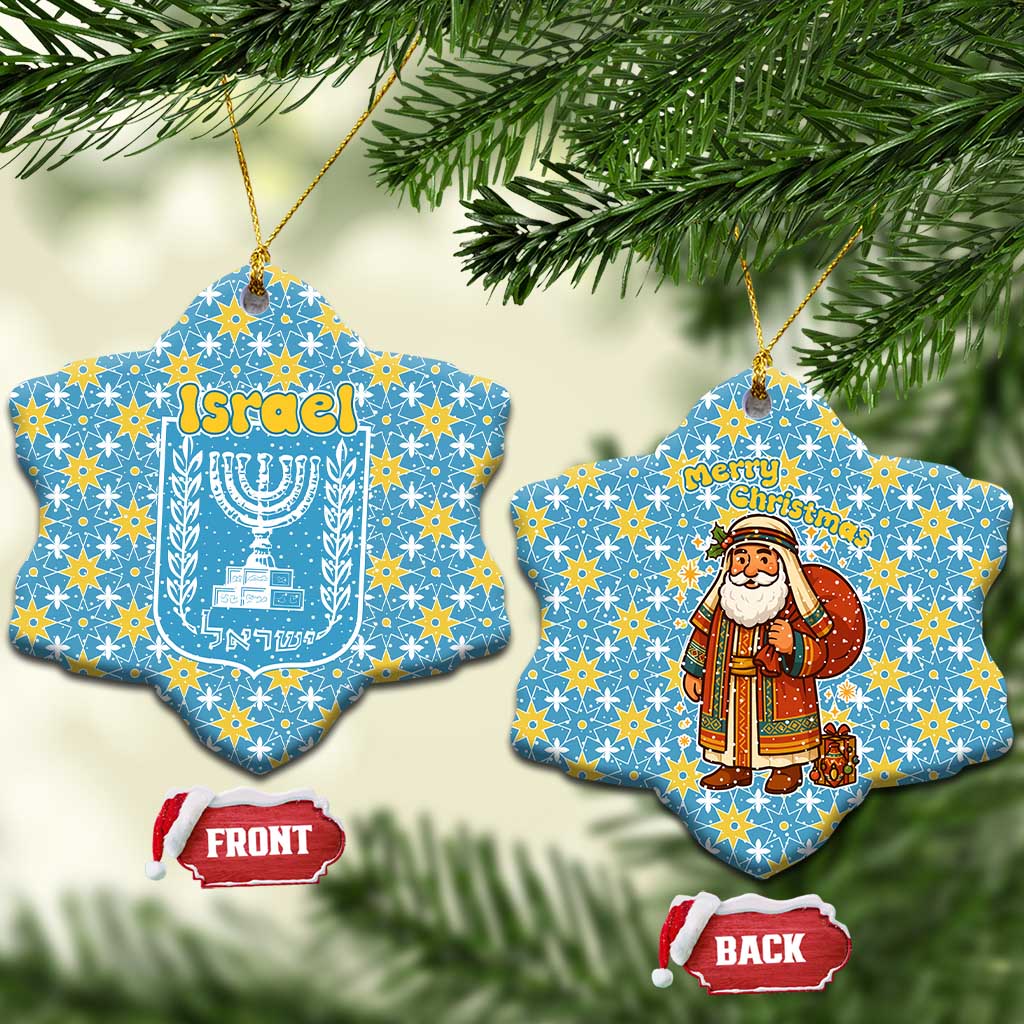 Israel Christmas Ceramic Ornament with Blue-Yellow Star Pattern, Menorah, and Santa Motif - Wonder Print Shop