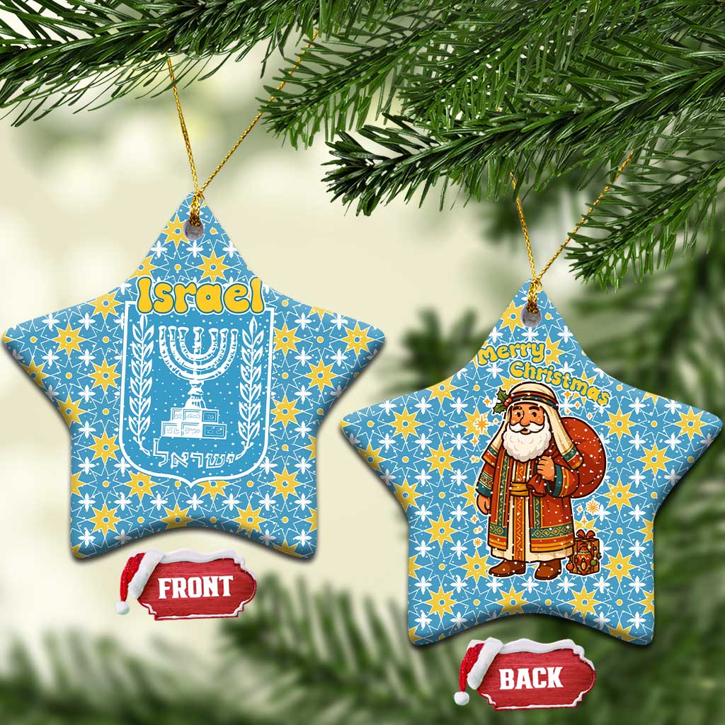 Israel Christmas Ceramic Ornament with Blue-Yellow Star Pattern, Menorah, and Santa Motif - Wonder Print Shop