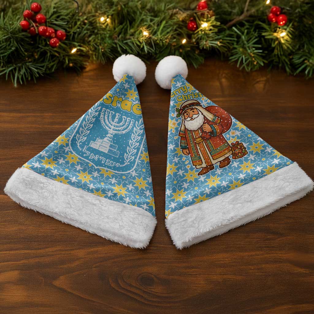 Israel Christmas Santa Hat with Blue-Yellow Star Pattern, Menorah, and Santa Motif - Wonder Print Shop