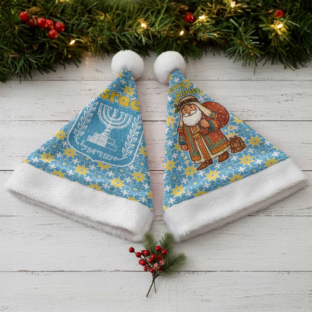 Israel Christmas Santa Hat with Blue-Yellow Star Pattern, Menorah, and Santa Motif - Wonder Print Shop