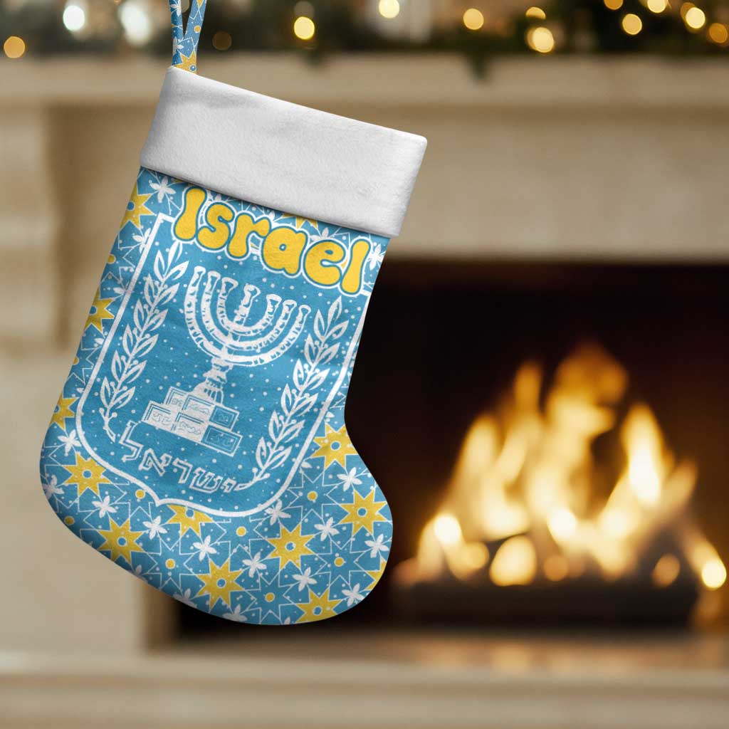 Israel Christmas Stocking with Blue-Yellow Star Pattern, Menorah, and Santa Motif - Wonder Print Shop