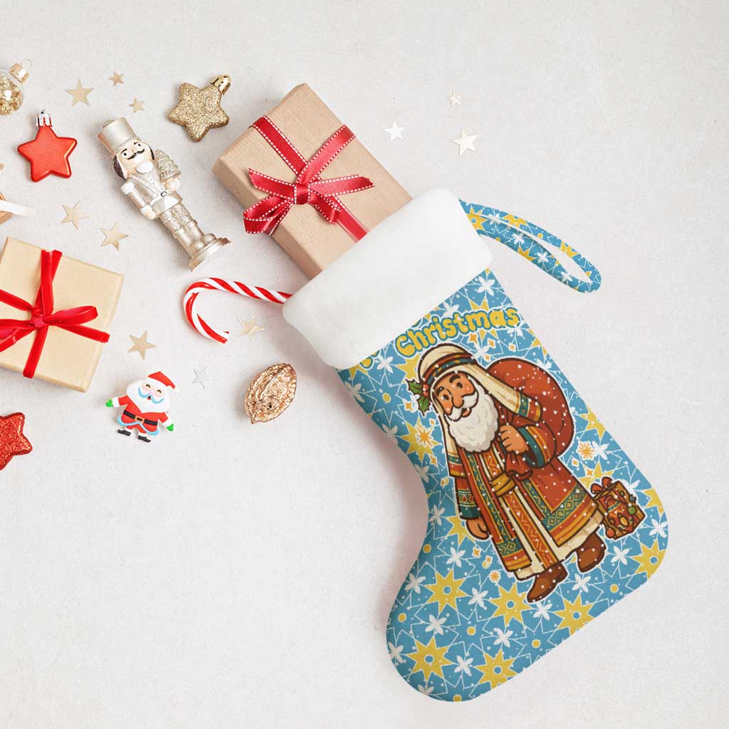 Israel Christmas Stocking with Blue-Yellow Star Pattern, Menorah, and Santa Motif - Wonder Print Shop