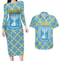 Israel Christmas Couples Matching Long Sleeve Bodycon Dress and Hawaiian Shirt with Blue-Yellow Star Pattern, Menorah, and Santa Motif - Wonder Print Shop