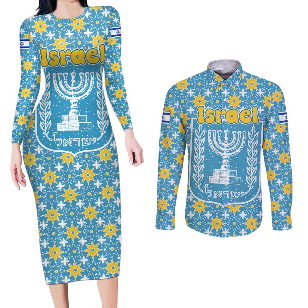 Israel Christmas Couples Matching Long Sleeve Bodycon Dress and Long Sleeve Button Shirt with Blue-Yellow Star Pattern, Menorah, and Santa Motif - Wonder Print Shop