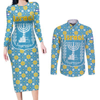 Israel Christmas Couples Matching Long Sleeve Bodycon Dress and Long Sleeve Button Shirt with Blue-Yellow Star Pattern, Menorah, and Santa Motif - Wonder Print Shop