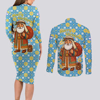 Israel Christmas Couples Matching Long Sleeve Bodycon Dress and Long Sleeve Button Shirt with Blue-Yellow Star Pattern, Menorah, and Santa Motif - Wonder Print Shop