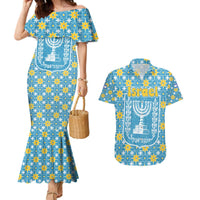 Israel Christmas Couples Matching Mermaid Dress and Hawaiian Shirt with Blue-Yellow Star Pattern, Menorah, and Santa Motif - Wonder Print Shop