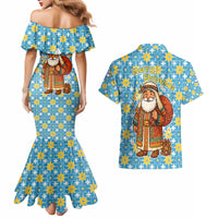 Israel Christmas Couples Matching Mermaid Dress and Hawaiian Shirt with Blue-Yellow Star Pattern, Menorah, and Santa Motif - Wonder Print Shop