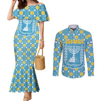 Israel Christmas Couples Matching Mermaid Dress and Long Sleeve Button Shirt with Blue-Yellow Star Pattern, Menorah, and Santa Motif - Wonder Print Shop