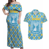 Israel Christmas Couples Matching Off Shoulder Maxi Dress and Hawaiian Shirt with Blue-Yellow Star Pattern, Menorah, and Santa Motif - Wonder Print Shop
