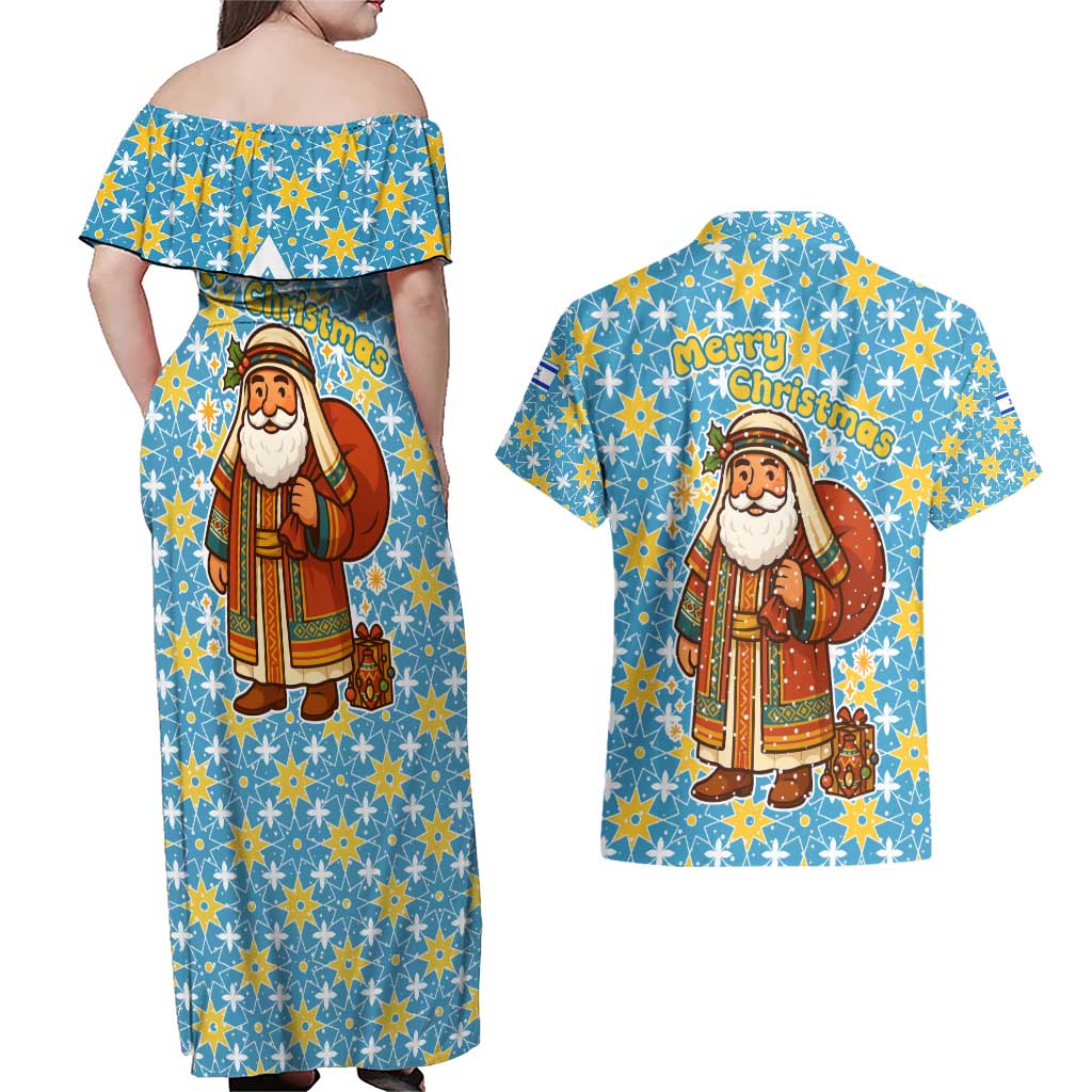 Israel Christmas Couples Matching Off Shoulder Maxi Dress and Hawaiian Shirt with Blue-Yellow Star Pattern, Menorah, and Santa Motif - Wonder Print Shop
