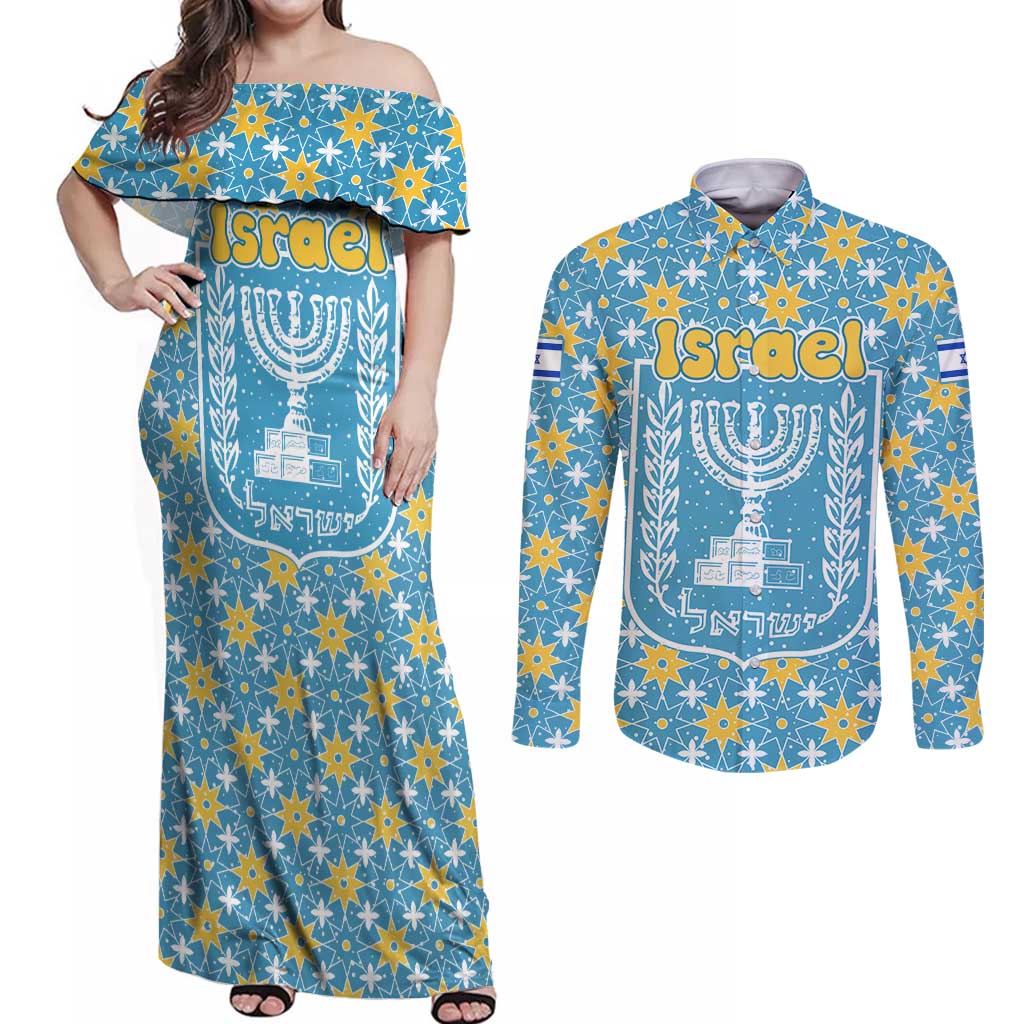 Israel Christmas Couples Matching Off Shoulder Maxi Dress and Long Sleeve Button Shirt with Blue-Yellow Star Pattern, Menorah, and Santa Motif - Wonder Print Shop