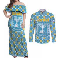 Israel Christmas Couples Matching Off Shoulder Maxi Dress and Long Sleeve Button Shirt with Blue-Yellow Star Pattern, Menorah, and Santa Motif - Wonder Print Shop