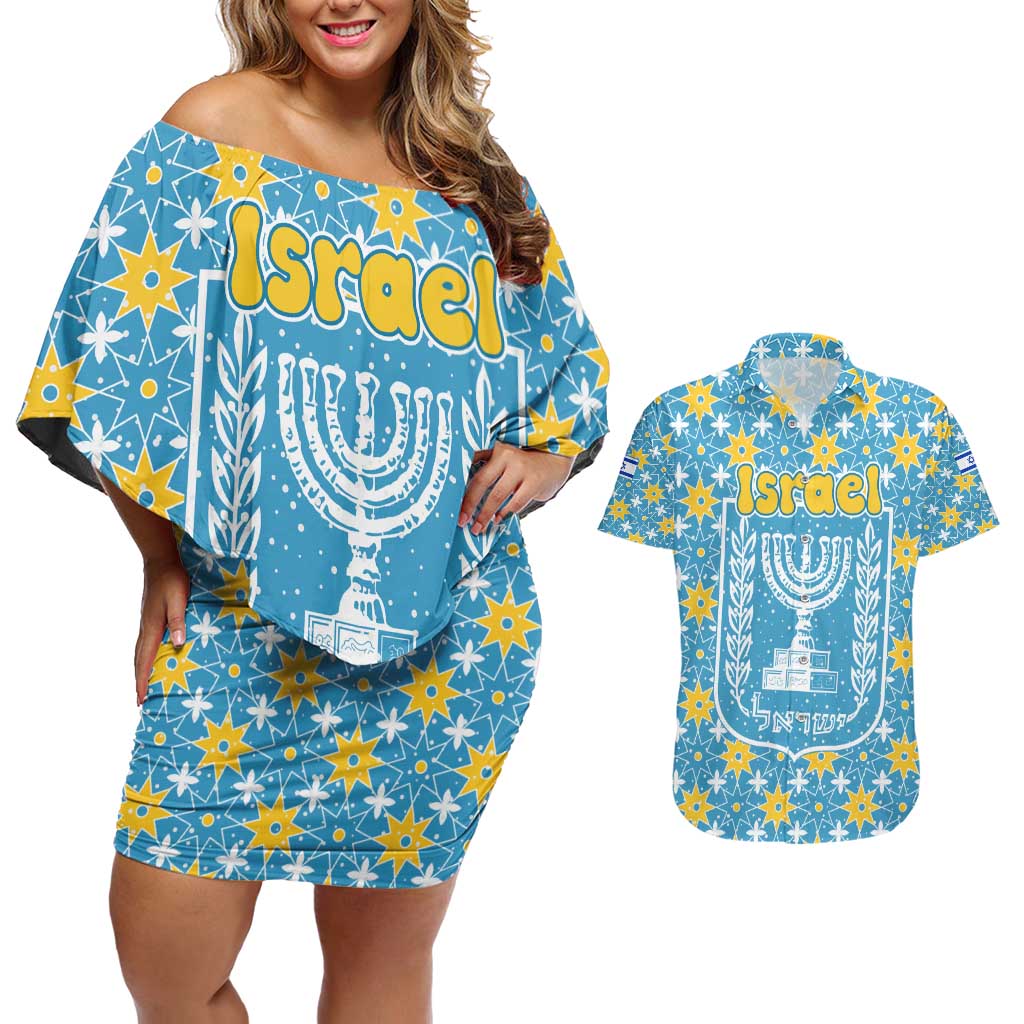 Israel Christmas Couples Matching Off Shoulder Short Dress and Hawaiian Shirt with Blue-Yellow Star Pattern, Menorah, and Santa Motif - Wonder Print Shop