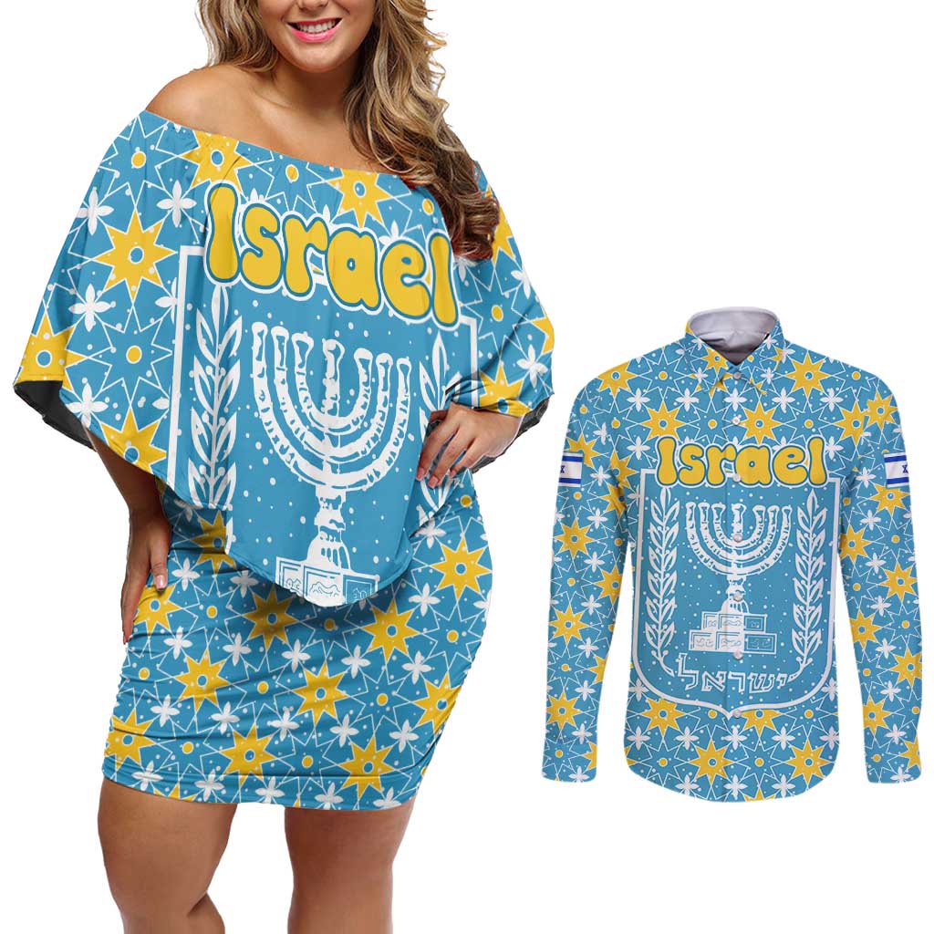 Israel Christmas Couples Matching Off Shoulder Short Dress and Long Sleeve Button Shirt with Blue-Yellow Star Pattern, Menorah, and Santa Motif - Wonder Print Shop