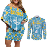 Israel Christmas Couples Matching Off Shoulder Short Dress and Long Sleeve Button Shirt with Blue-Yellow Star Pattern, Menorah, and Santa Motif - Wonder Print Shop