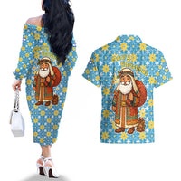 Israel Christmas Couples Matching Off The Shoulder Long Sleeve Dress and Hawaiian Shirt with Blue-Yellow Star Pattern, Menorah, and Santa Motif - Wonder Print Shop