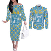 Israel Christmas Couples Matching Off The Shoulder Long Sleeve Dress and Long Sleeve Button Shirt with Blue-Yellow Star Pattern, Menorah, and Santa Motif - Wonder Print Shop