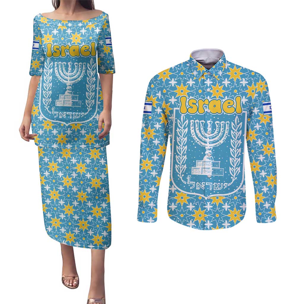 Israel Christmas Couples Matching Puletasi and Long Sleeve Button Shirt with Blue-Yellow Star Pattern, Menorah, and Santa Motif - Wonder Print Shop