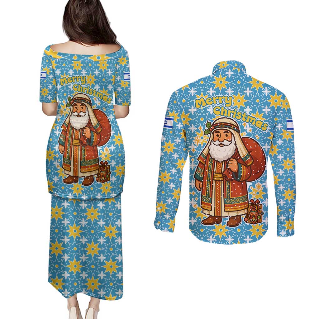 Israel Christmas Couples Matching Puletasi and Long Sleeve Button Shirt with Blue-Yellow Star Pattern, Menorah, and Santa Motif - Wonder Print Shop