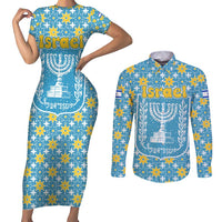 Israel Christmas Couples Matching Short Sleeve Bodycon Dress and Long Sleeve Button Shirt with Blue-Yellow Star Pattern, Menorah, and Santa Motif - Wonder Print Shop