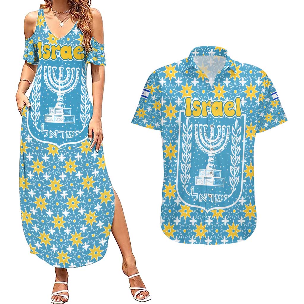 Israel Christmas Couples Matching Summer Maxi Dress and Hawaiian Shirt with Blue-Yellow Star Pattern, Menorah, and Santa Motif - Wonder Print Shop